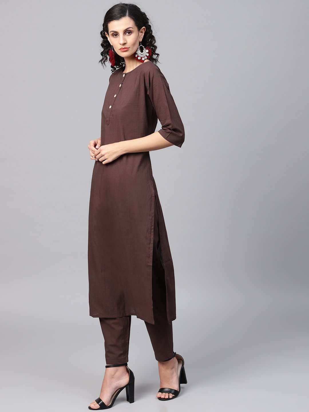 Dark Brown solid Kurta Set With Pants  & Printed Dupatta | NOZ2TOZ - Made In INDIA.