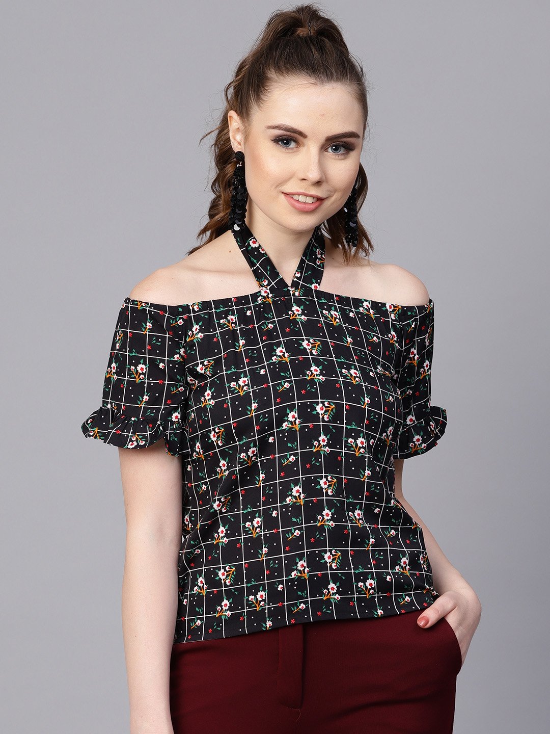 Black Checked floral top with Halter neck & half sleeves | NOZ2TOZ - Made In INDIA.