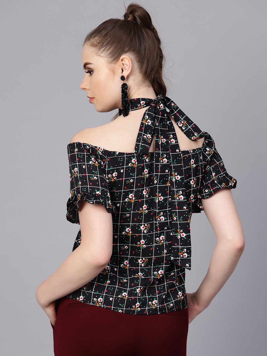 Black Checked floral top with Halter neck & half sleeves | NOZ2TOZ - Made In INDIA.