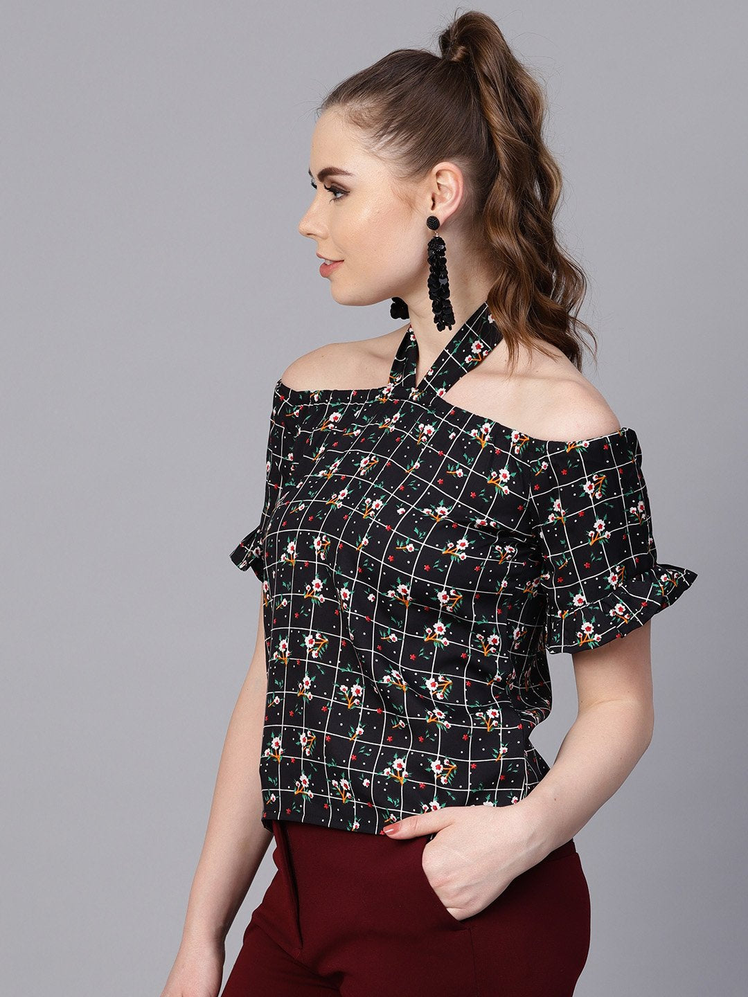 Black Checked floral top with Halter neck & half sleeves | NOZ2TOZ - Made In INDIA.