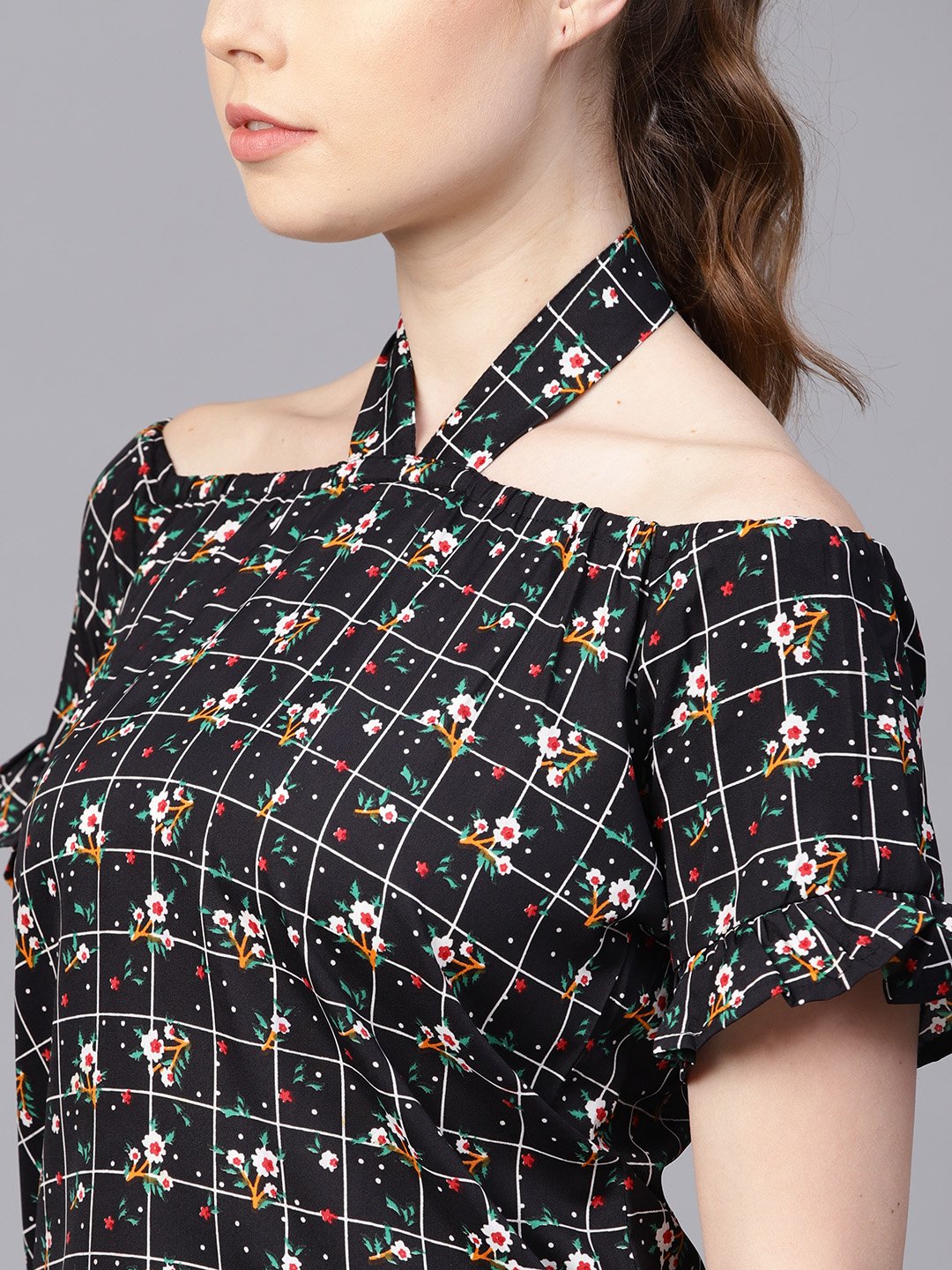 Black Checked floral top with Halter neck & half sleeves | NOZ2TOZ - Made In INDIA.