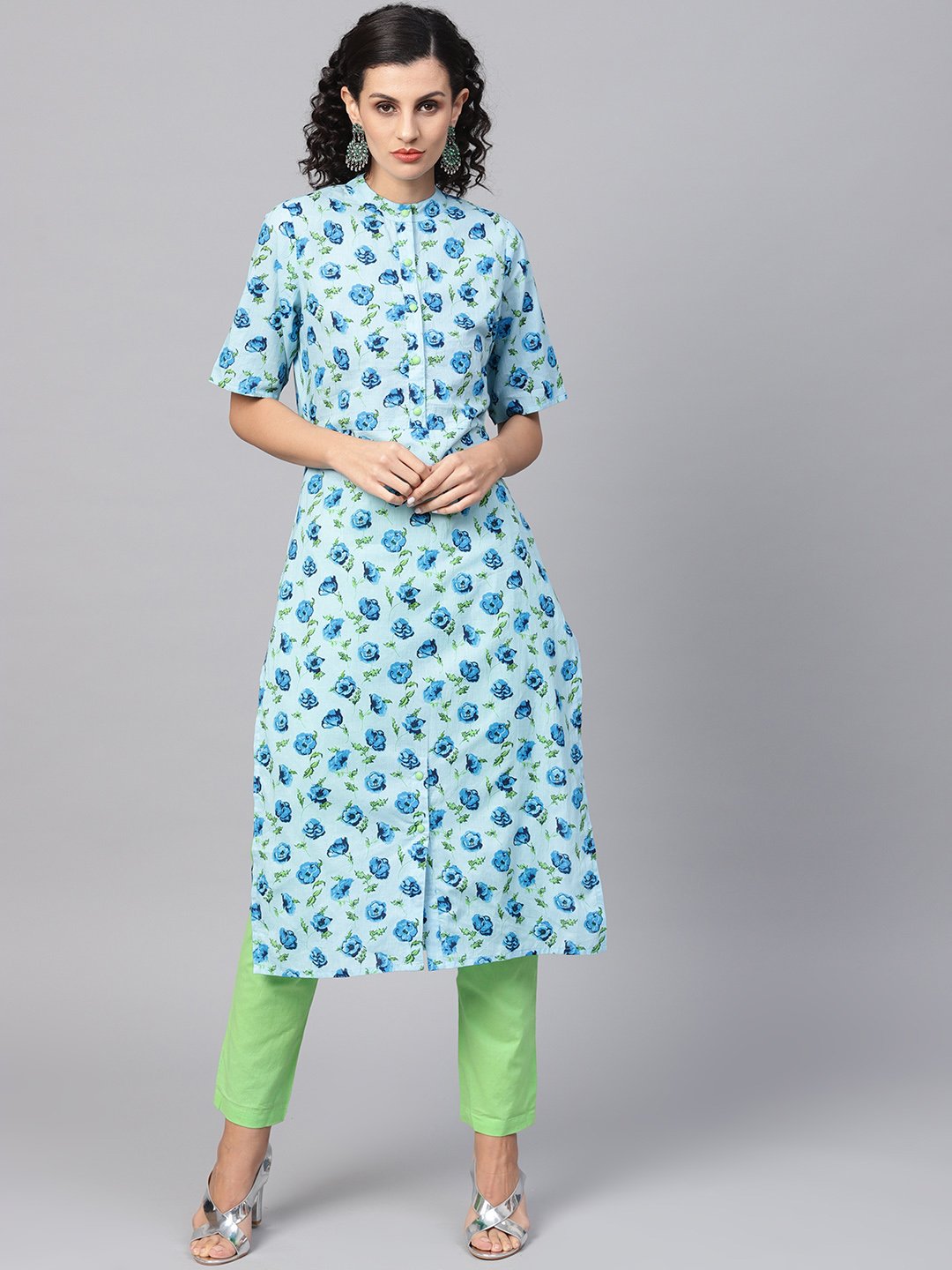 Cotton light Blue Floral printed Kurta Set with Solid light Green Pants | NOZ2TOZ - Made In INDIA.