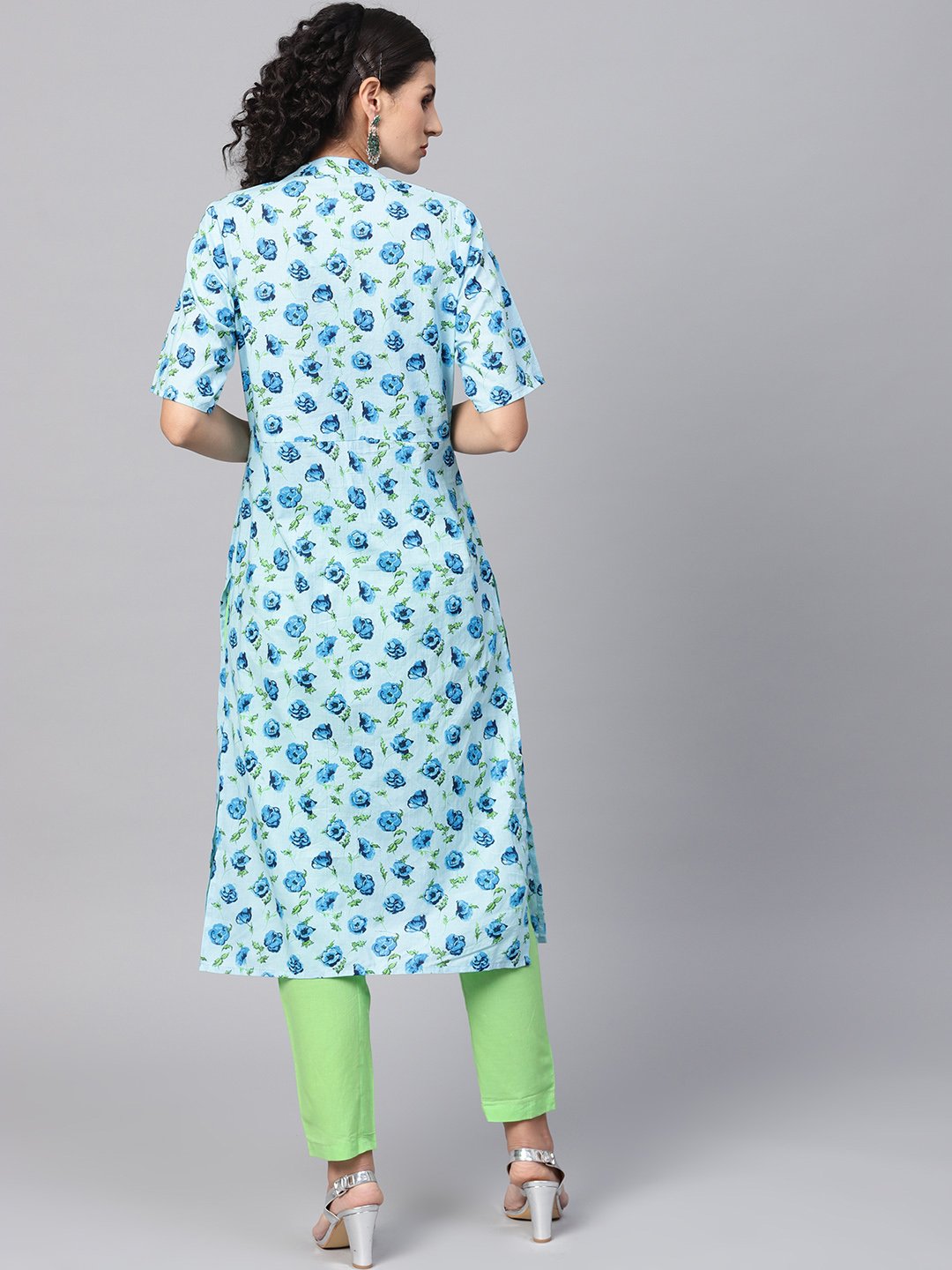 Cotton light Blue Floral printed Kurta Set with Solid light Green Pants | NOZ2TOZ - Made In INDIA.