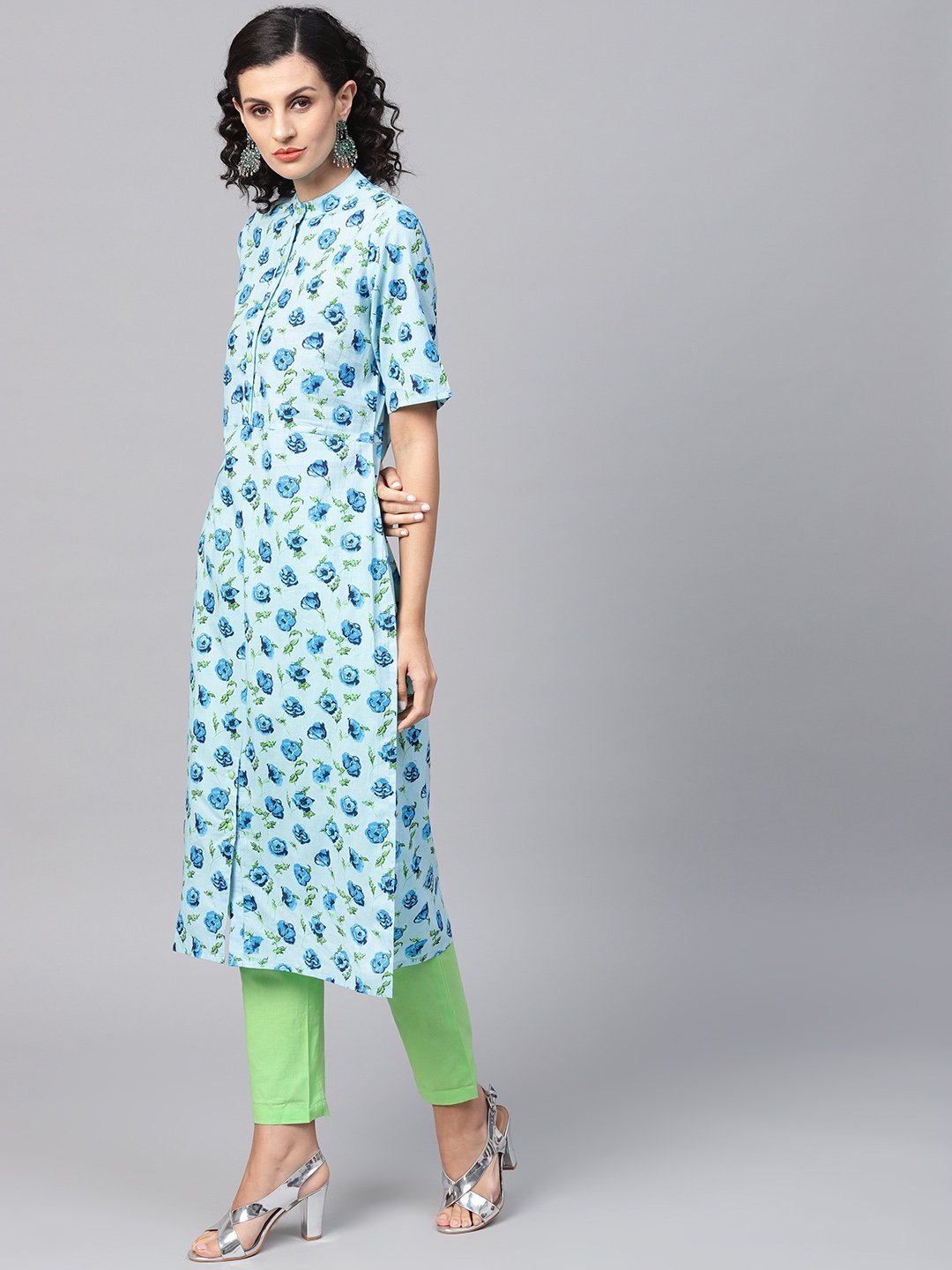 Cotton light Blue Floral printed Kurta Set with Solid light Green Pants | NOZ2TOZ - Made In INDIA.