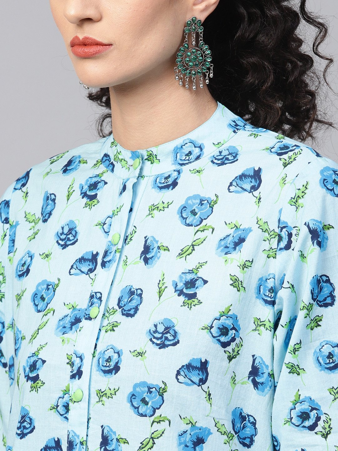 Cotton light Blue Floral printed Kurta Set with Solid light Green Pants | NOZ2TOZ - Made In INDIA.