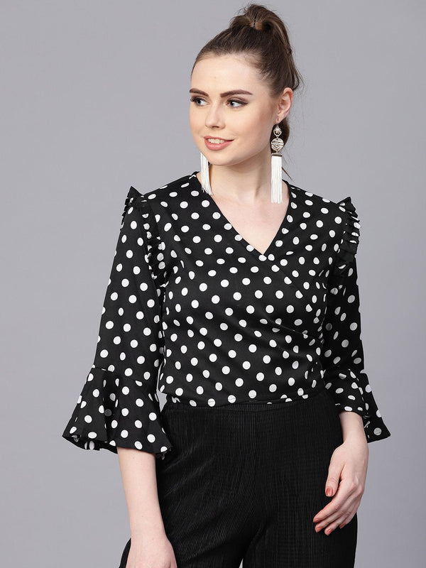 Black Polka dots top with Detailed Sleeves & V-neck | NOZ2TOZ - Made In INDIA.