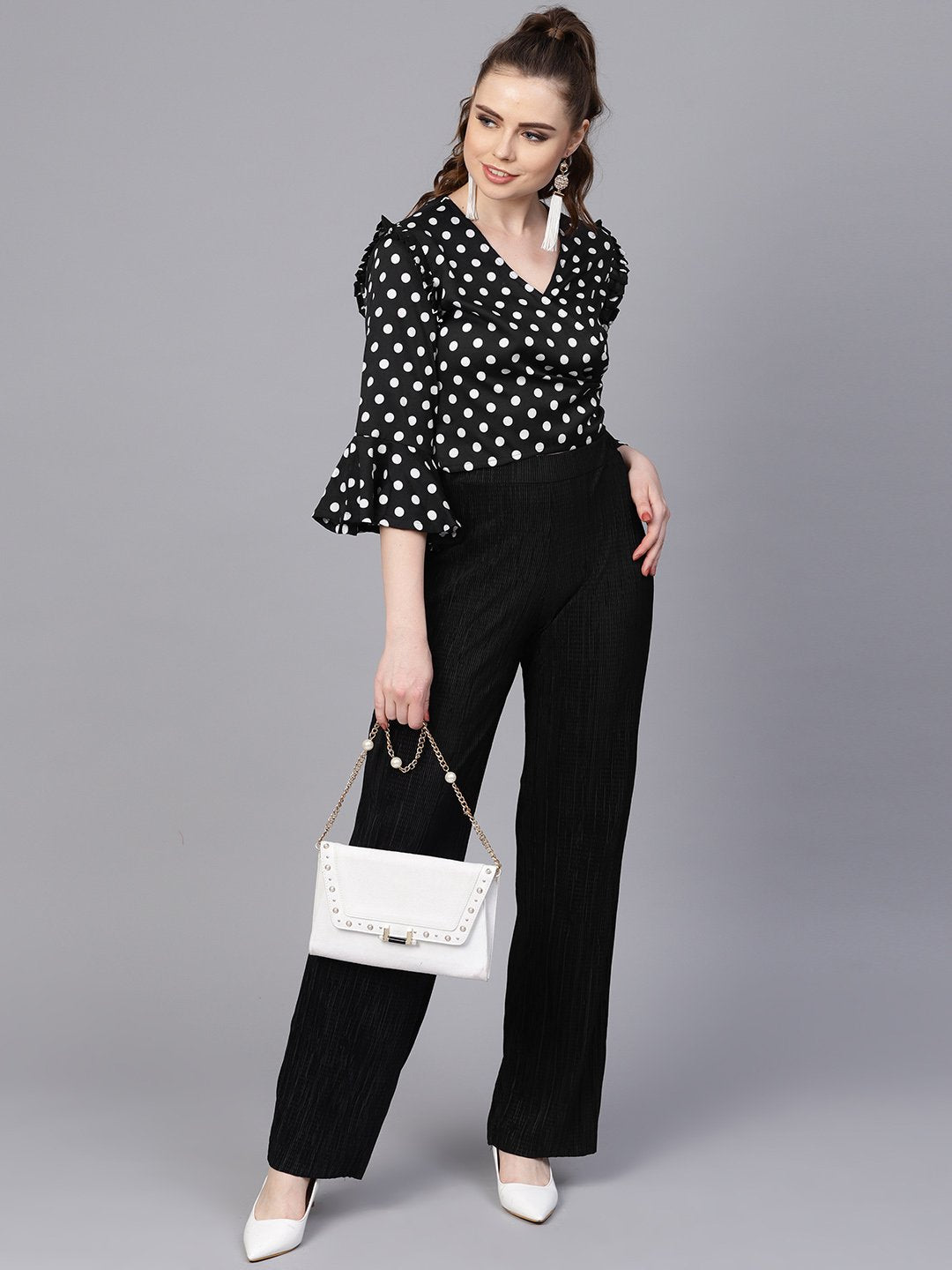 Black Polka dots top with Detailed Sleeves & V-neck | NOZ2TOZ - Made In INDIA.