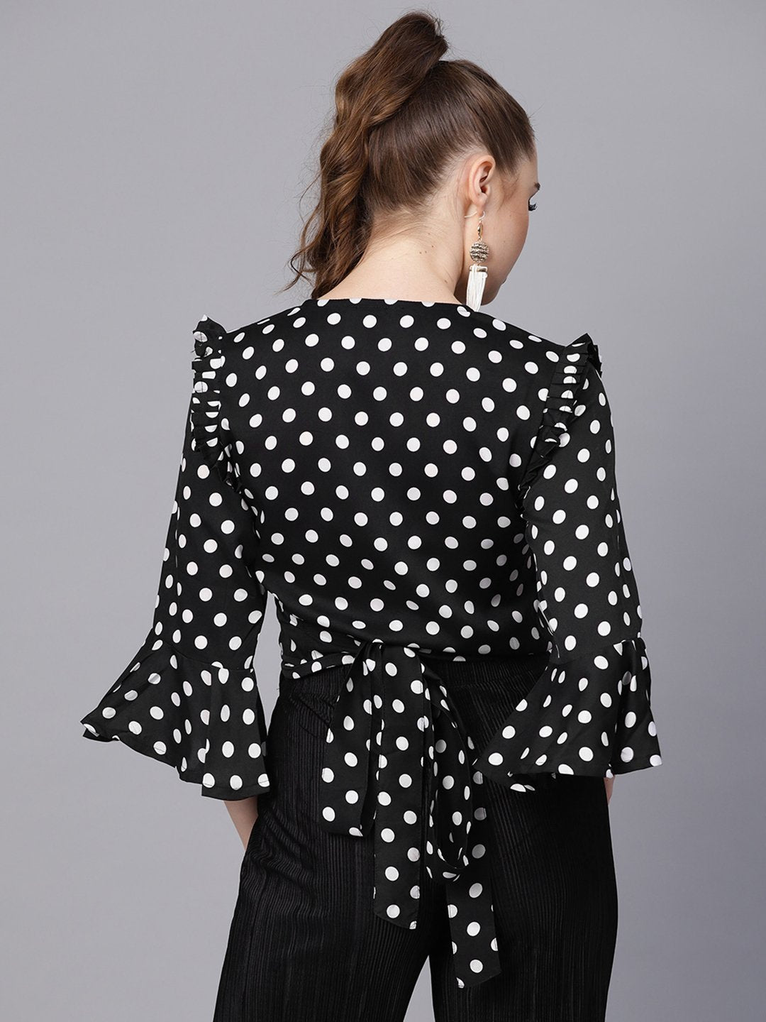 Black Polka dots top with Detailed Sleeves & V-neck | NOZ2TOZ - Made In INDIA.