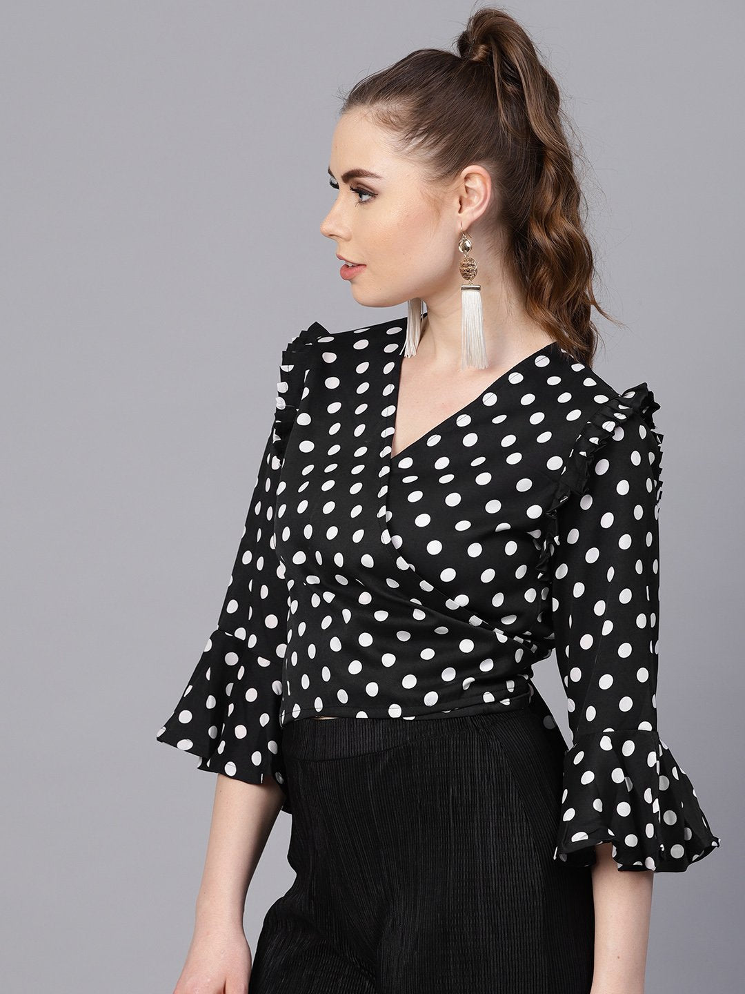 Black Polka dots top with Detailed Sleeves & V-neck | NOZ2TOZ - Made In INDIA.