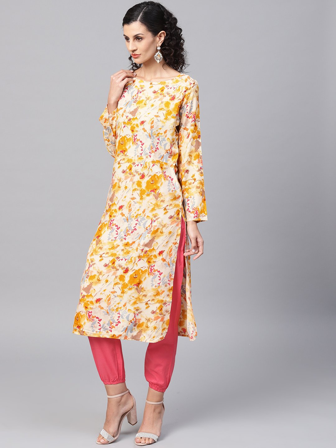 Yellow Coloured Printed Kurta Set with Solid Megenta Pants | NOZ2TOZ - Made In INDIA.