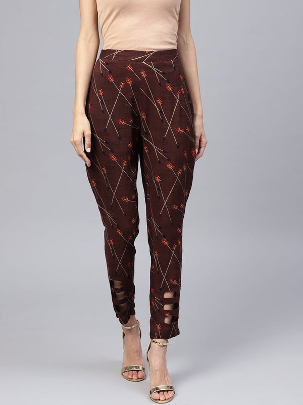 Dark Brown Printed Peeka A Boo Pants | NOZ2TOZ - Made In INDIA.