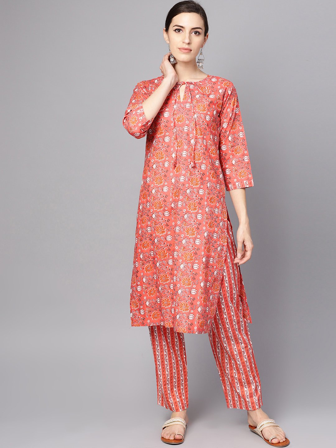 Coral Pink Floral print Kurta Set with pants | NOZ2TOZ - Made In INDIA.