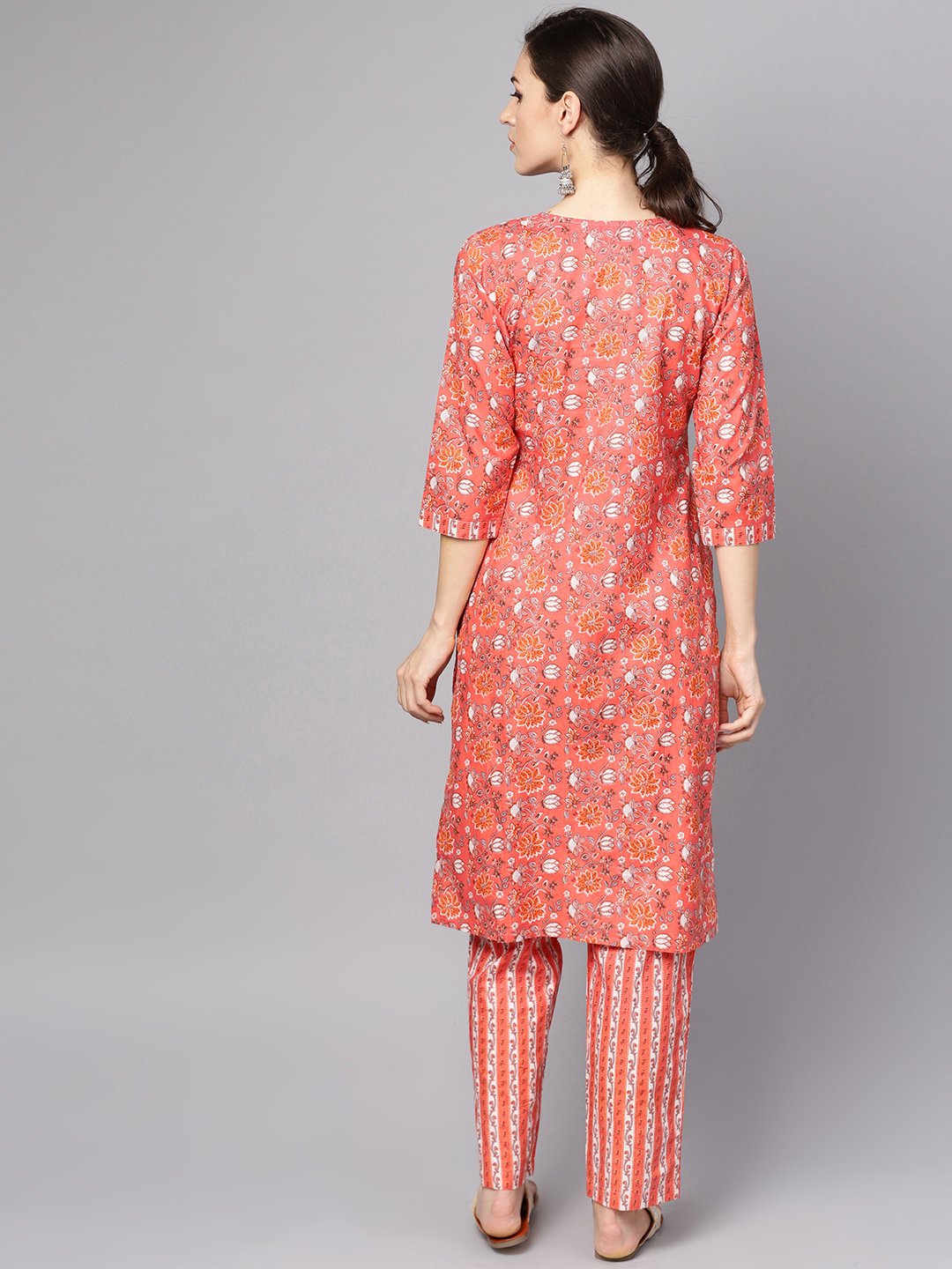 Coral Pink Floral print Kurta Set with pants | NOZ2TOZ - Made In INDIA.