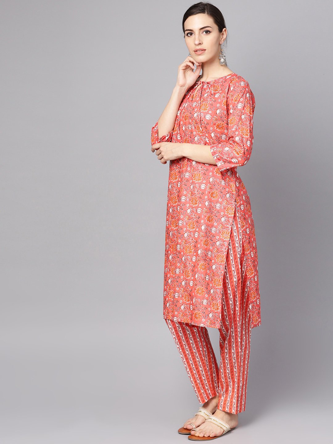 Coral Pink Floral print Kurta Set with pants | NOZ2TOZ - Made In INDIA.