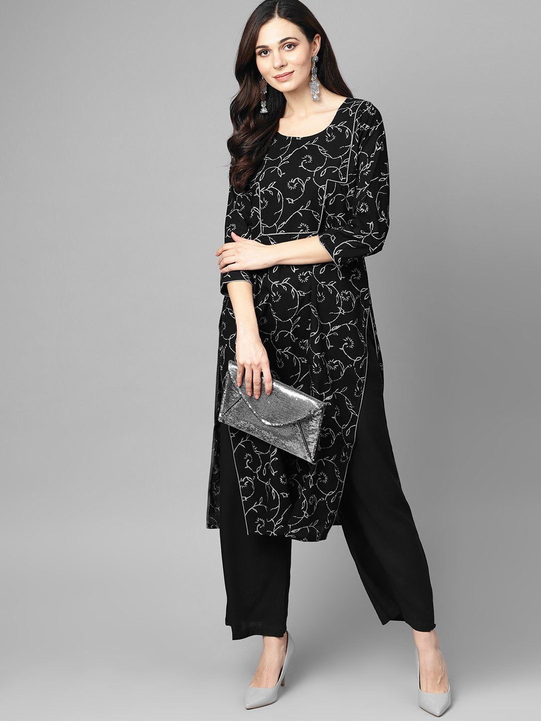 Black & Grey Floral Printed Kurta set with Solid Black palazzo | NOZ2TOZ - Made In INDIA.