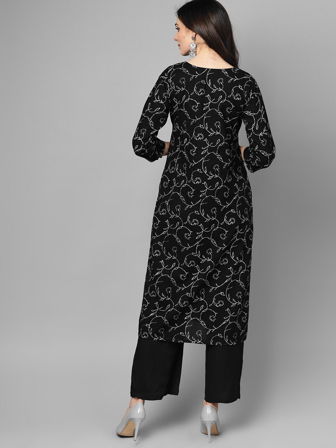 Black & Grey Floral Printed Kurta set with Solid Black palazzo | NOZ2TOZ - Made In INDIA.