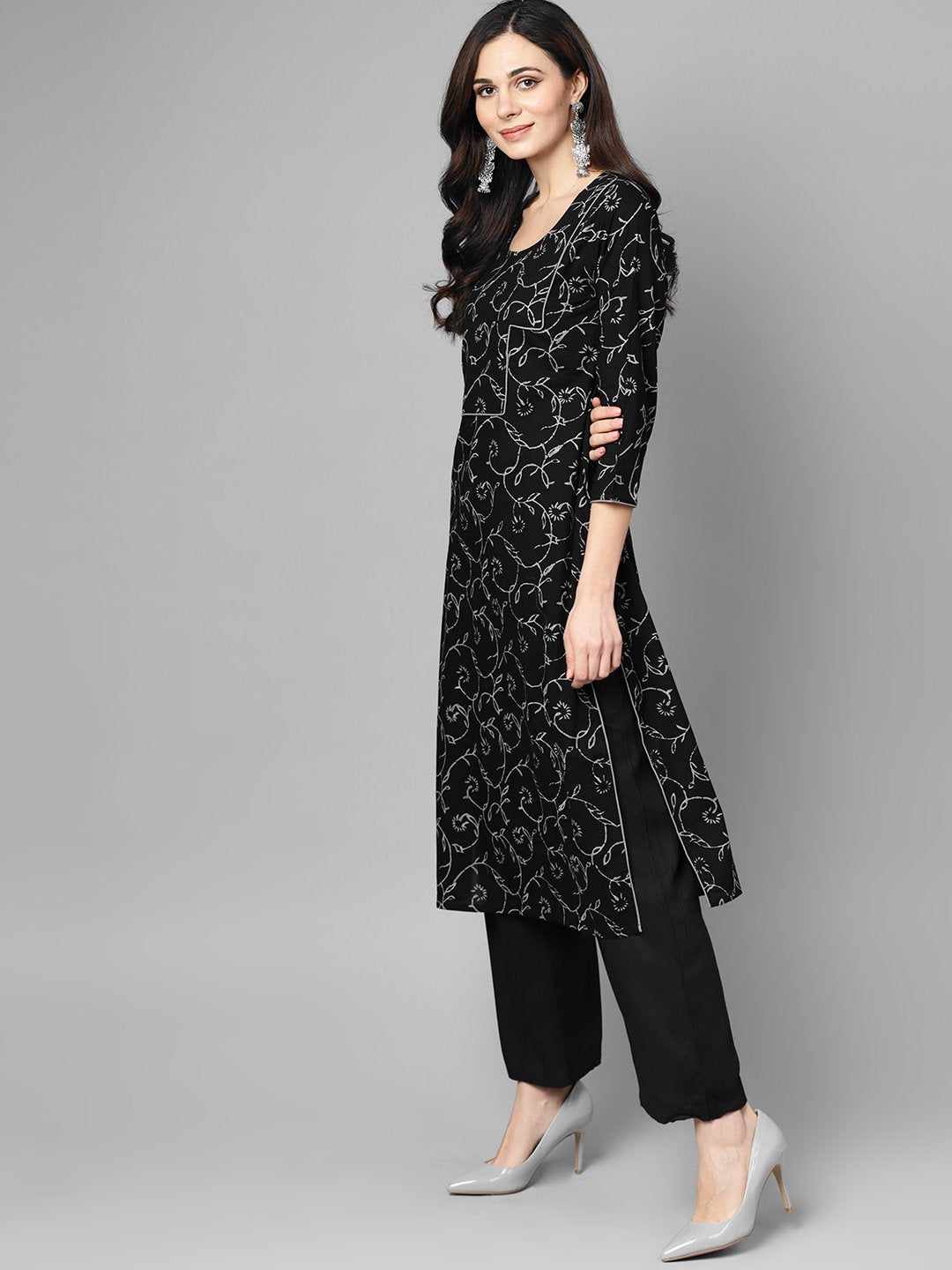 Black & Grey Floral Printed Kurta set with Solid Black palazzo | NOZ2TOZ - Made In INDIA.