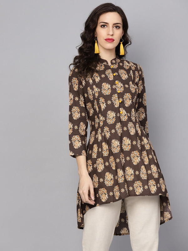 Chocolate Brown Printed Tunic with Madarin Collar and 3/4 sleeves | NOZ2TOZ - Made In INDIA.