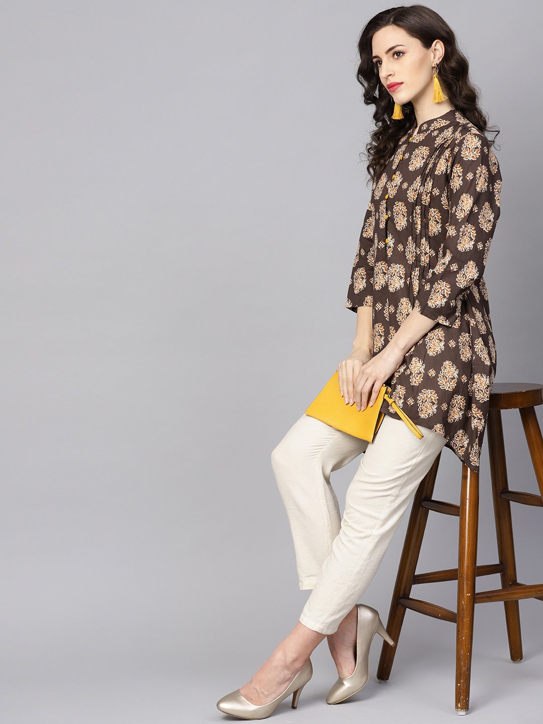 Chocolate Brown Printed Tunic with Madarin Collar and 3/4 sleeves | NOZ2TOZ - Made In INDIA.