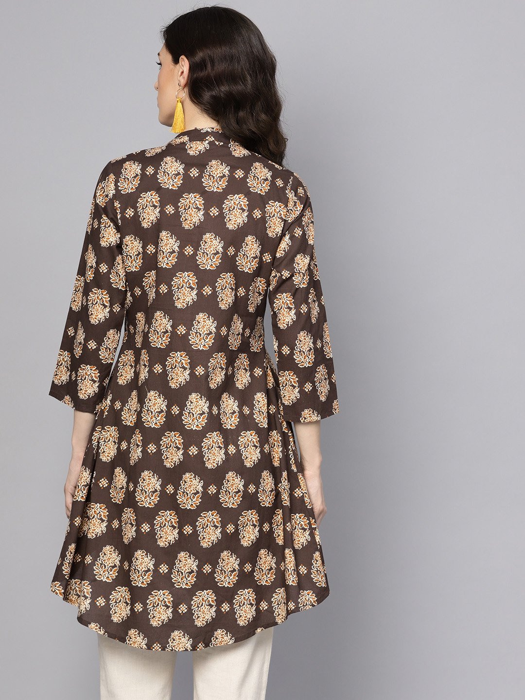 Chocolate Brown Printed Tunic with Madarin Collar and 3/4 sleeves | NOZ2TOZ - Made In INDIA.