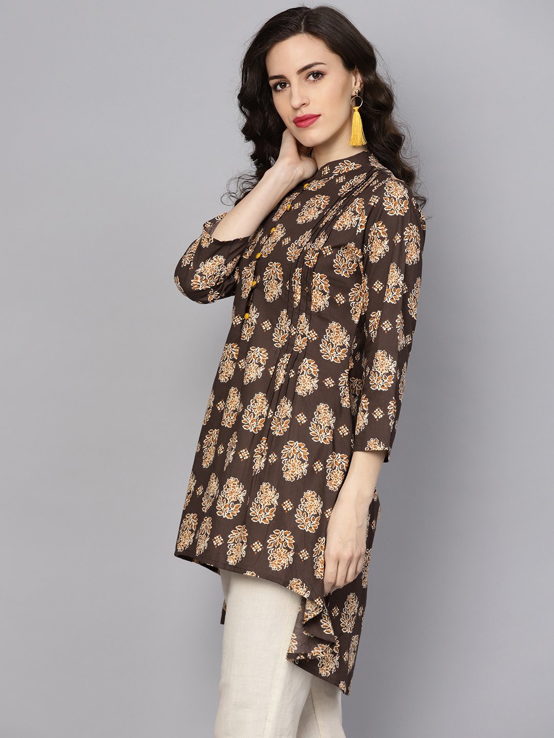 Chocolate Brown Printed Tunic with Madarin Collar and 3/4 sleeves | NOZ2TOZ - Made In INDIA.