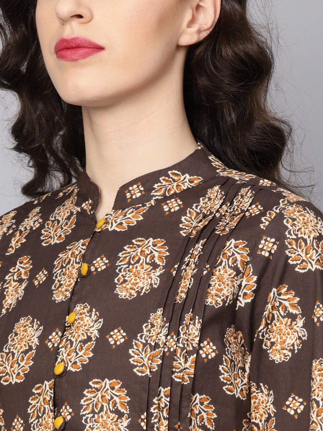 Chocolate Brown Printed Tunic with Madarin Collar and 3/4 sleeves | NOZ2TOZ - Made In INDIA.