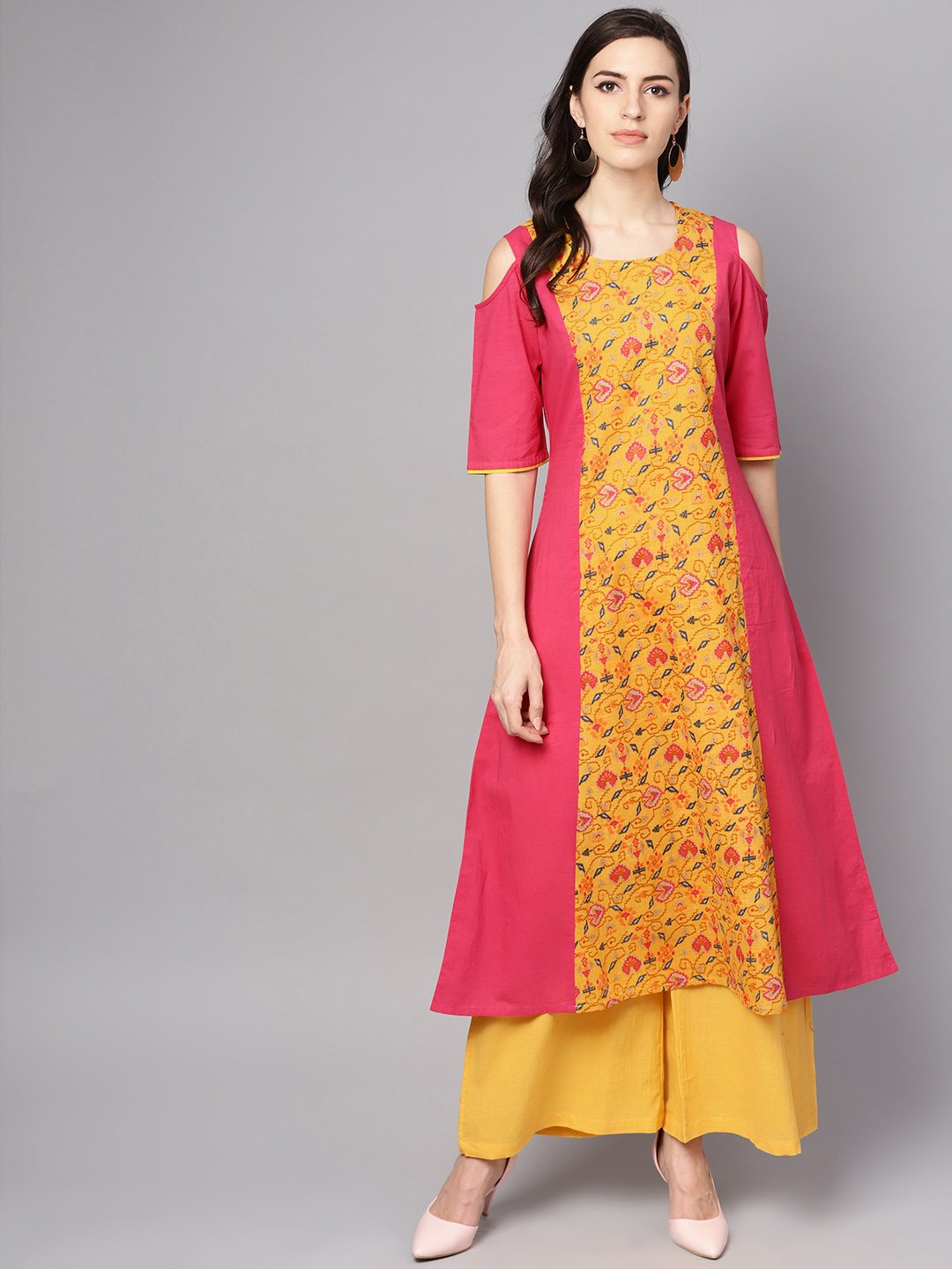 Yellow Patola Printed cold shoulder sleeve cotton Kurta with solid flared Palazzo | NOZ2TOZ - Made In INDIA.