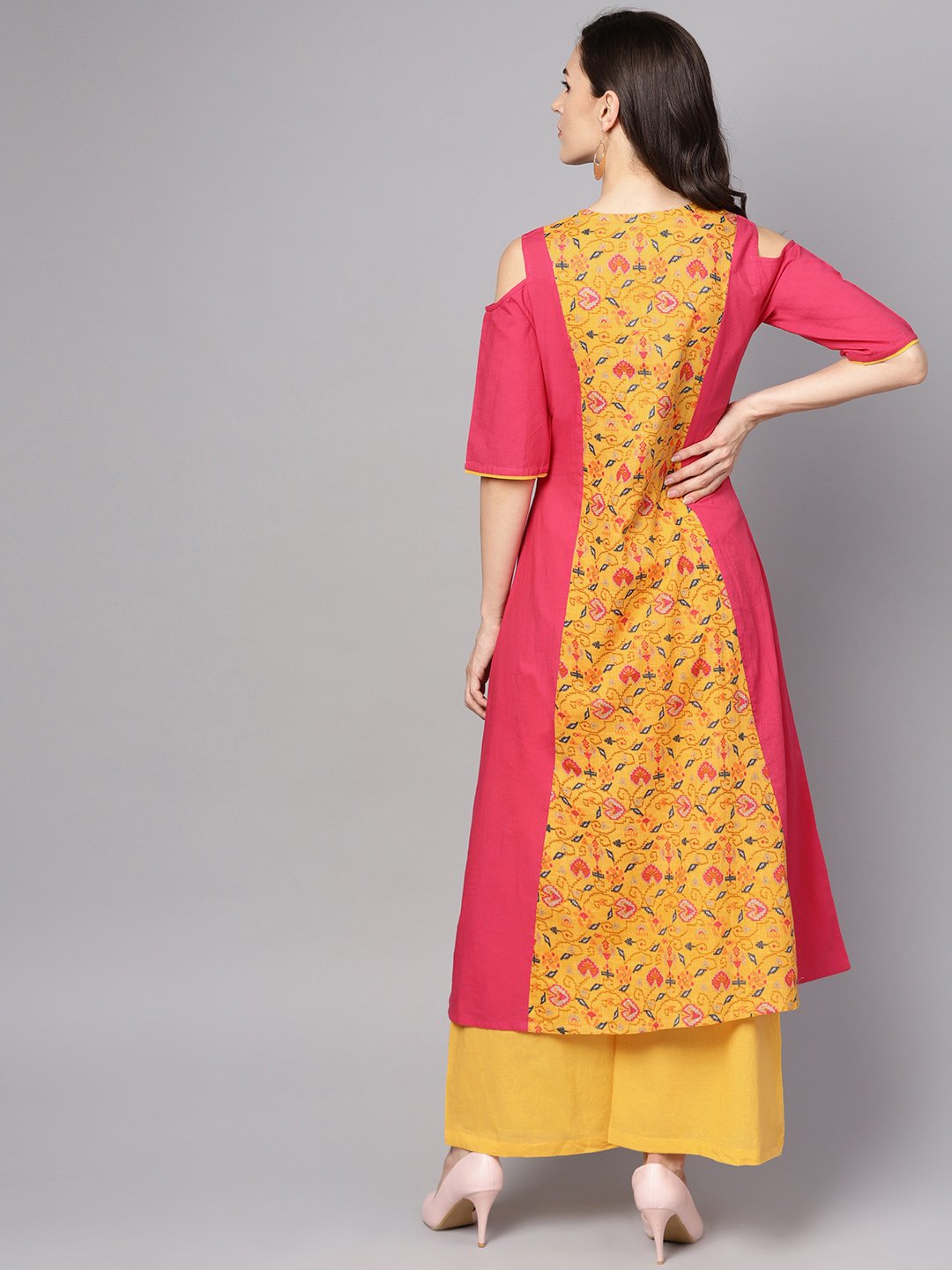 Yellow Patola Printed cold shoulder sleeve cotton Kurta with solid flared Palazzo | NOZ2TOZ - Made In INDIA.