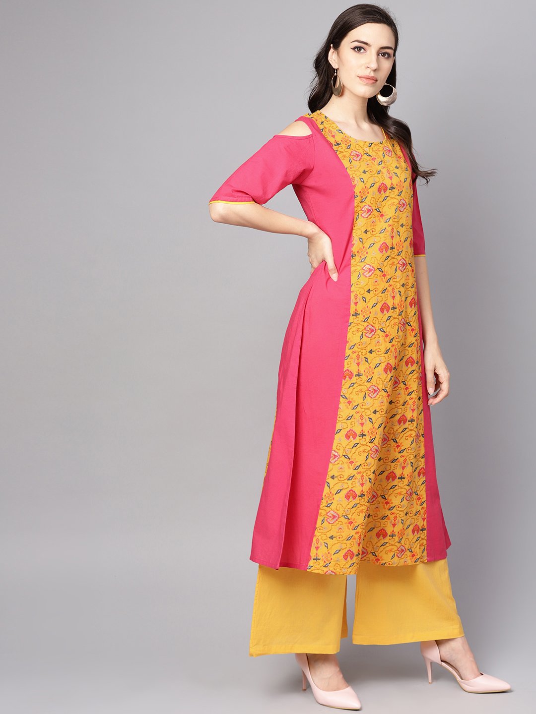 Yellow Patola Printed cold shoulder sleeve cotton Kurta with solid flared Palazzo | NOZ2TOZ - Made In INDIA.