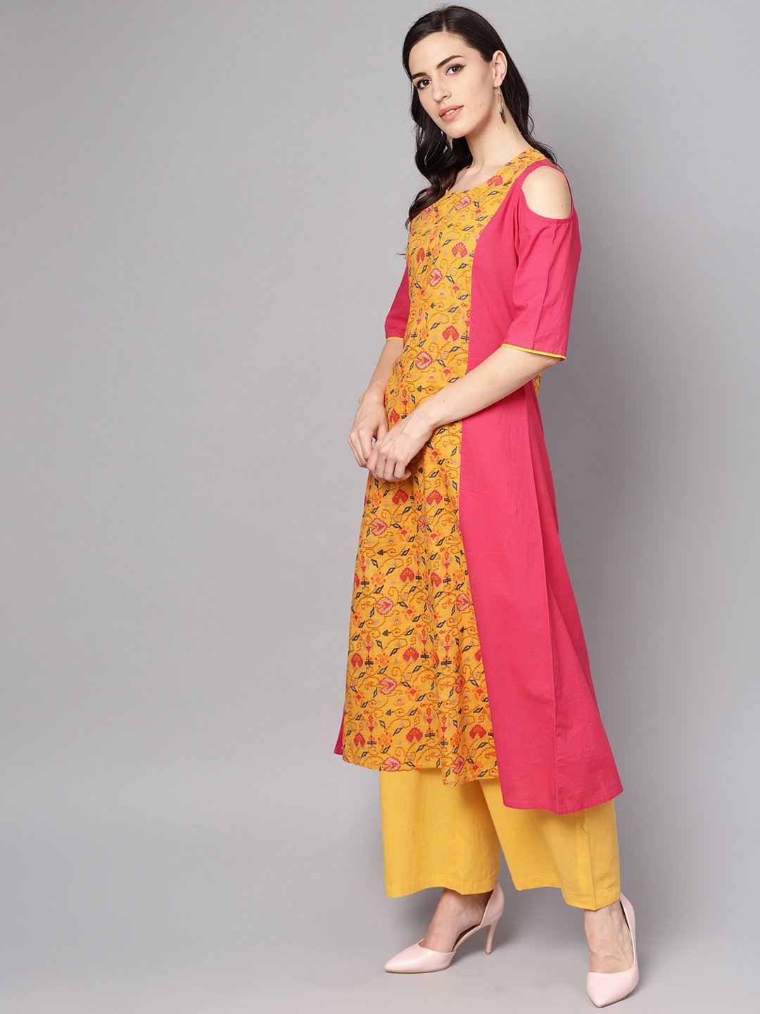 Yellow Patola Printed cold shoulder sleeve cotton Kurta with solid flared Palazzo | NOZ2TOZ - Made In INDIA.