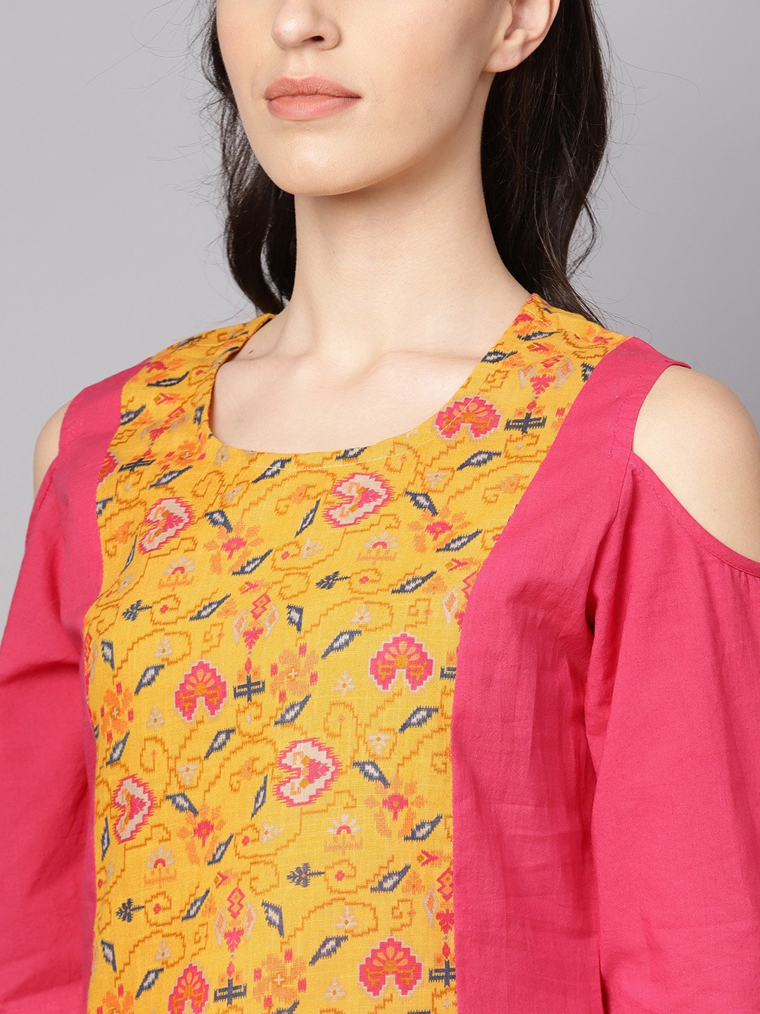 Yellow Patola Printed cold shoulder sleeve cotton Kurta with solid flared Palazzo | NOZ2TOZ - Made In INDIA.