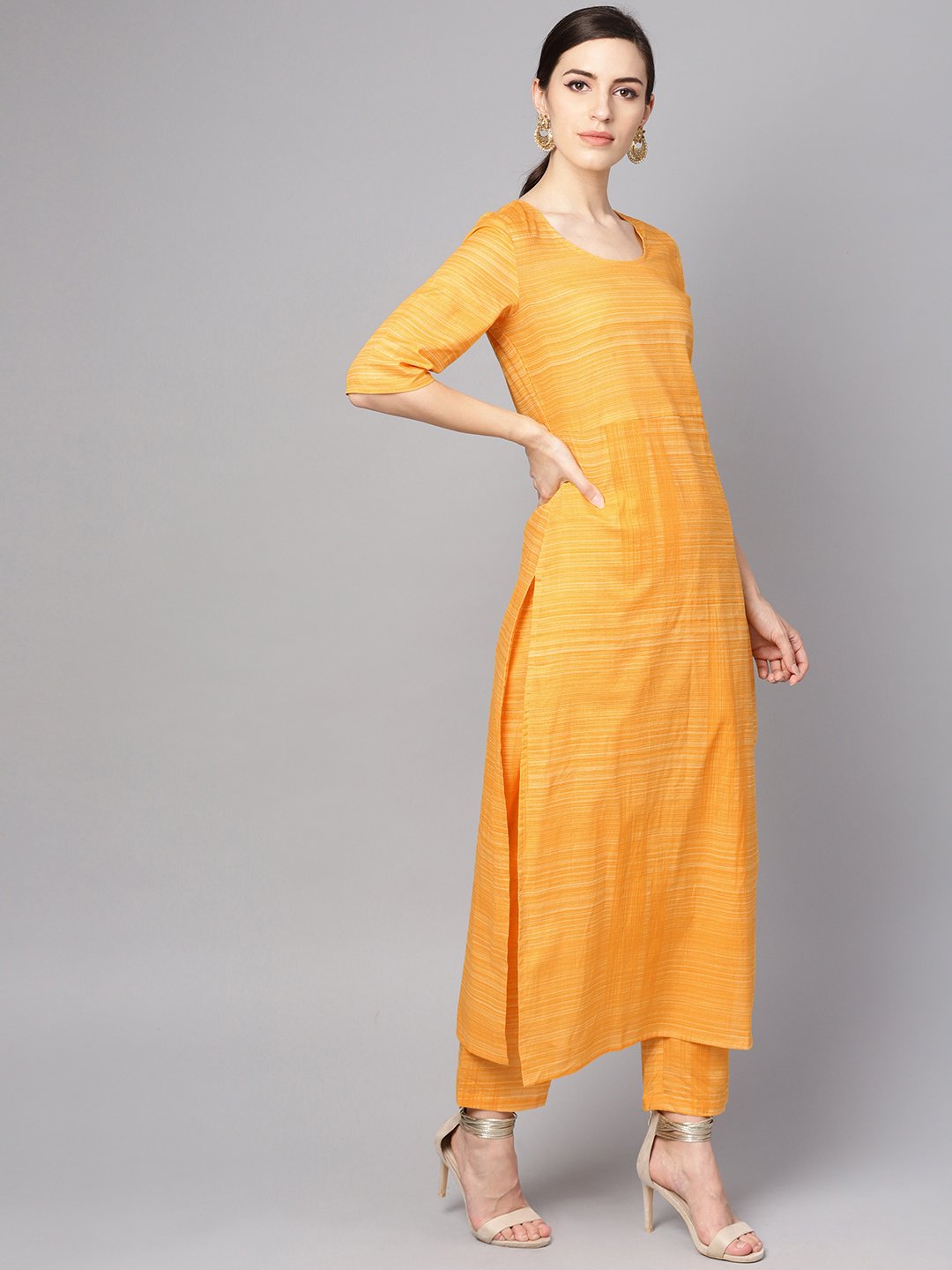 Yellow cotton slub half sleeve Kurta Set with Pants | NOZ2TOZ - Made In INDIA.