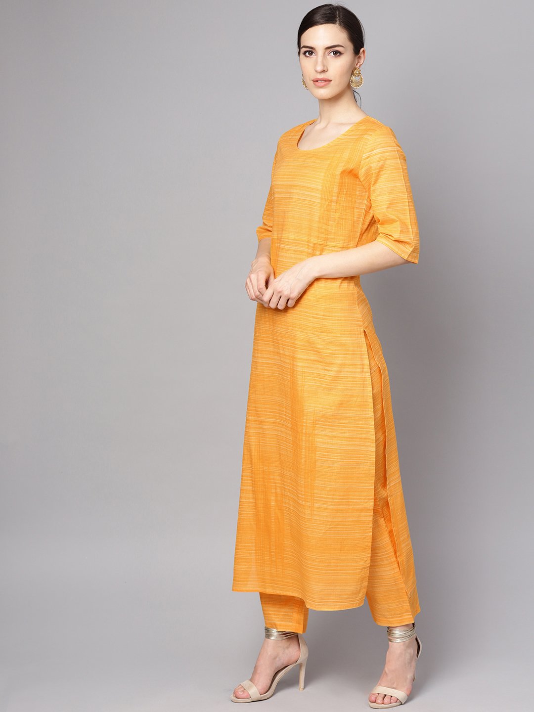 Yellow cotton slub half sleeve Kurta Set with Pants | NOZ2TOZ - Made In INDIA.