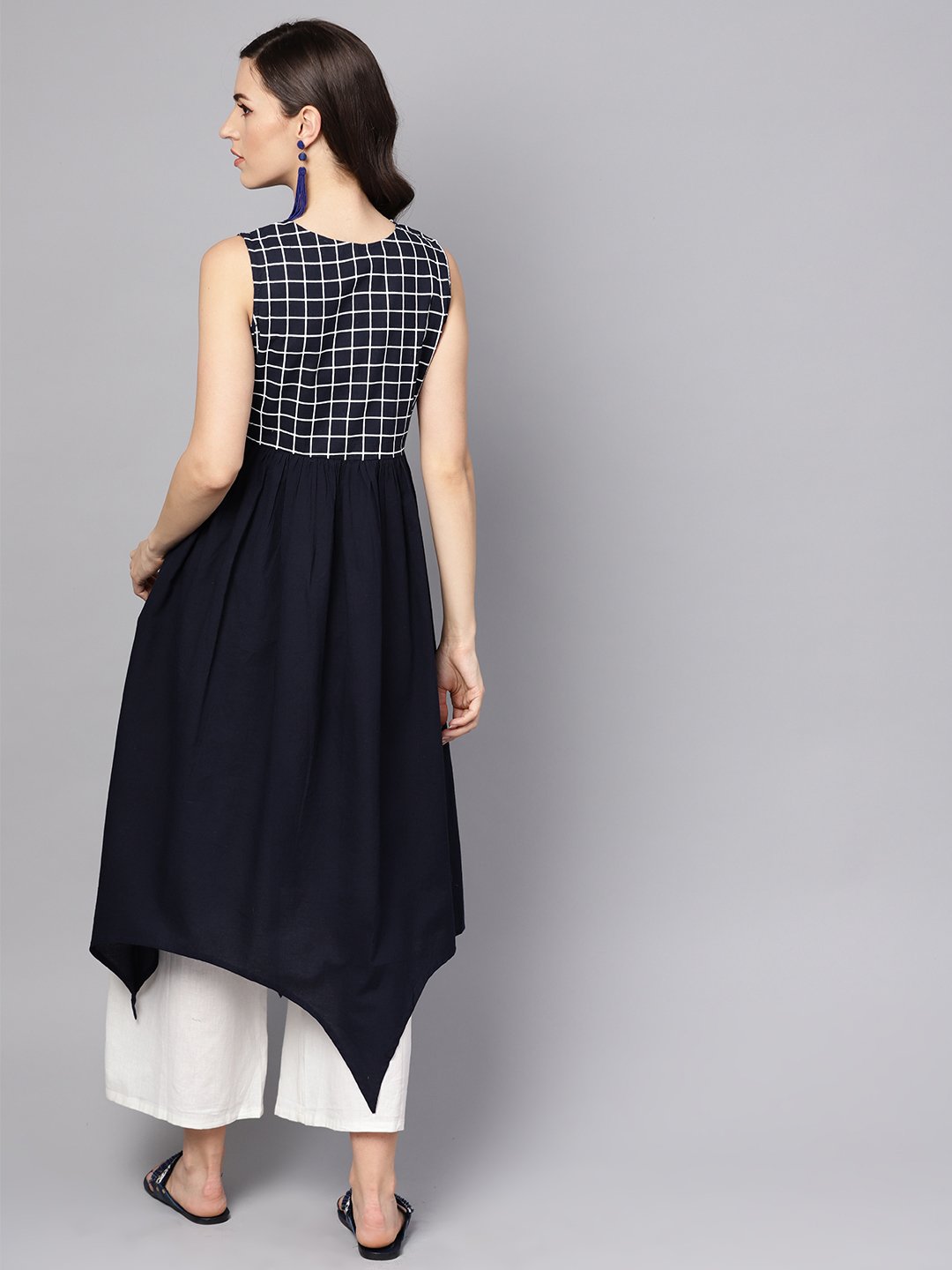 Black & White Checked Assyemtric kurta with Keyhole Neckline | NOZ2TOZ - Made In INDIA.