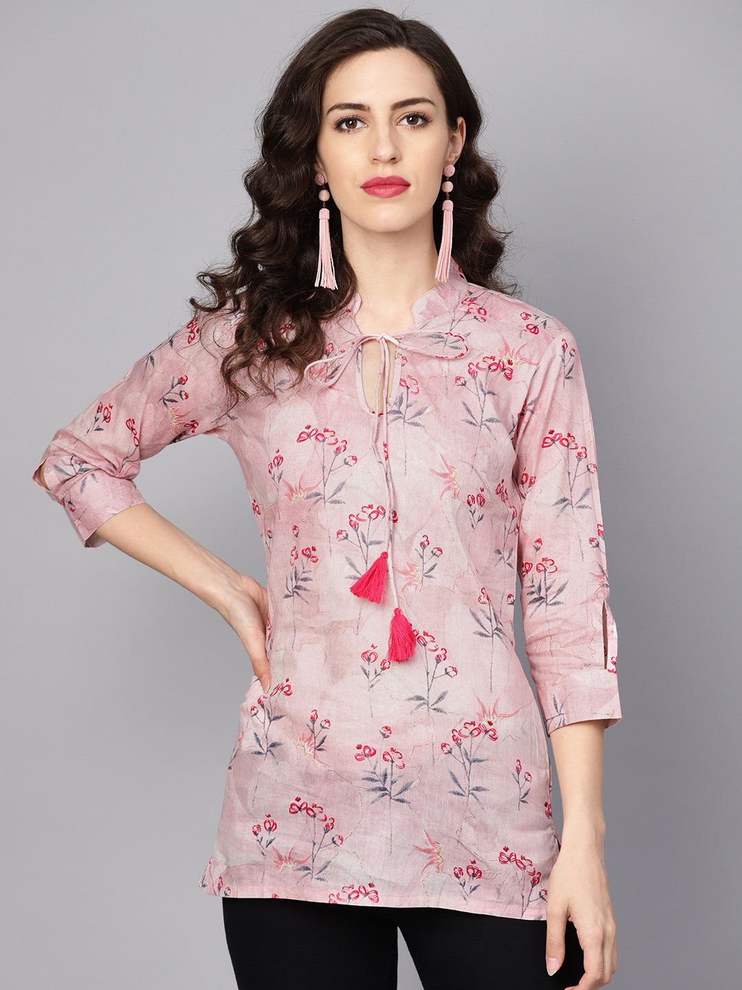 Baby Pink printed 3/4th sleeve cotton tunic | NOZ2TOZ - Made In INDIA.