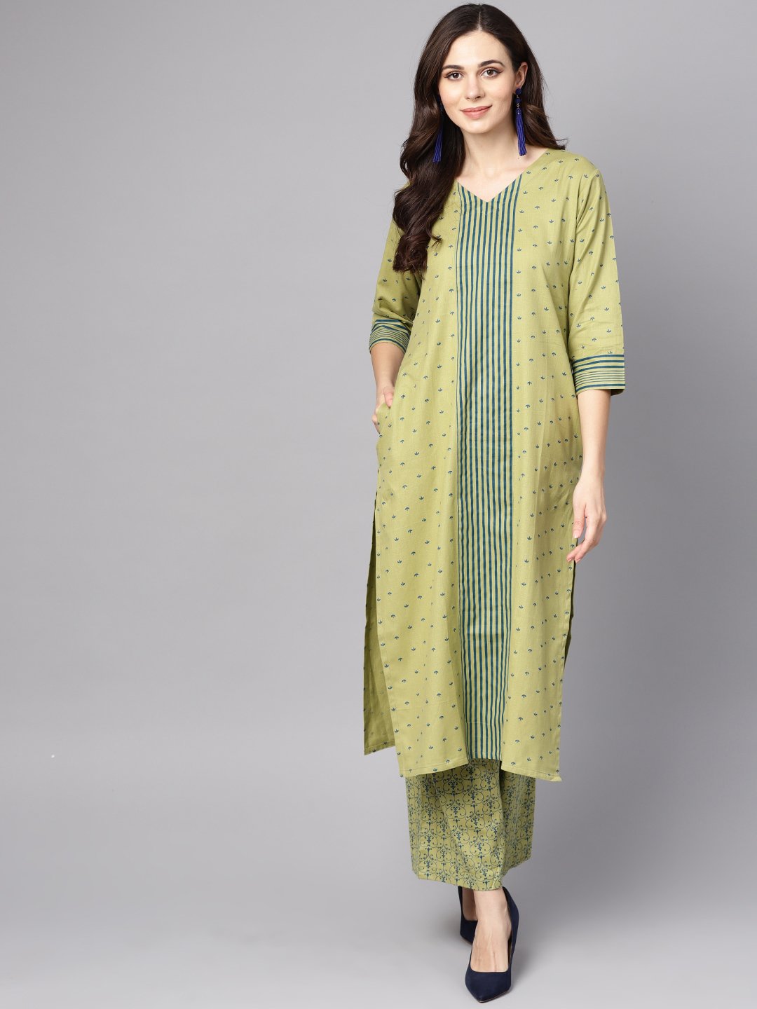 Green printed 3/4th sleeve cotton kurta with printed palazzo | NOZ2TOZ - Made In INDIA.