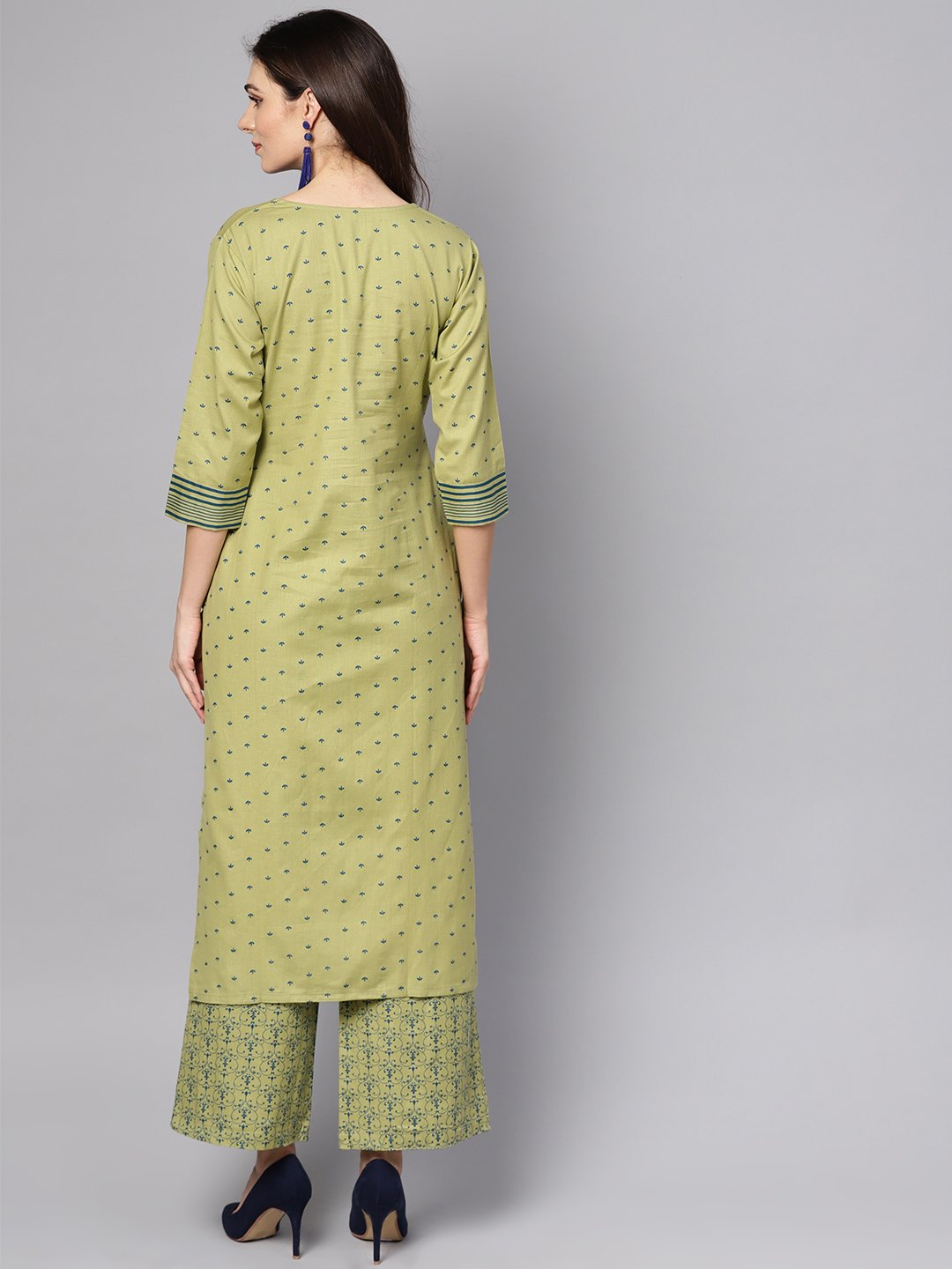 Green printed 3/4th sleeve cotton kurta with printed palazzo | NOZ2TOZ - Made In INDIA.