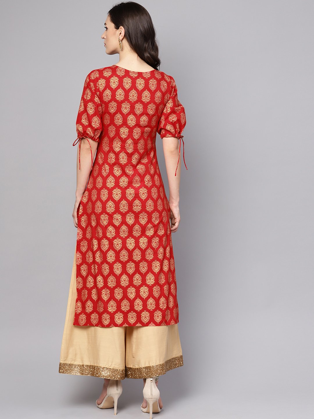 Red printed half sleeve cotton straight kurta | NOZ2TOZ - Made In INDIA.