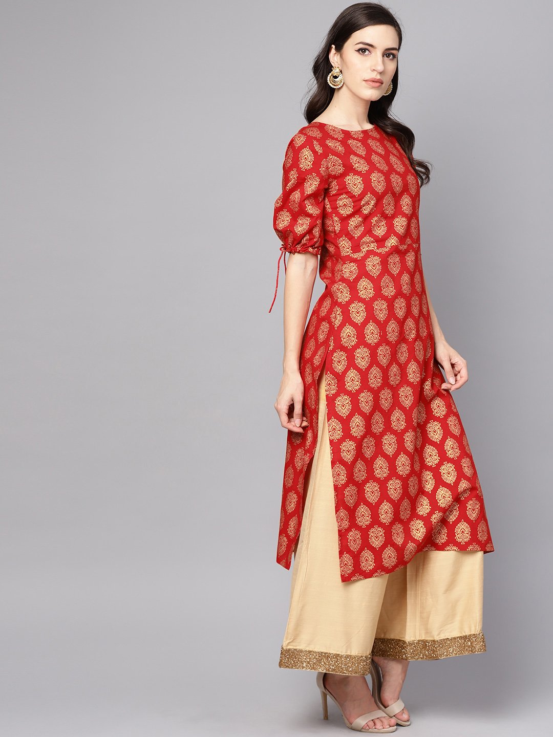 Red printed half sleeve cotton straight kurta | NOZ2TOZ - Made In INDIA.