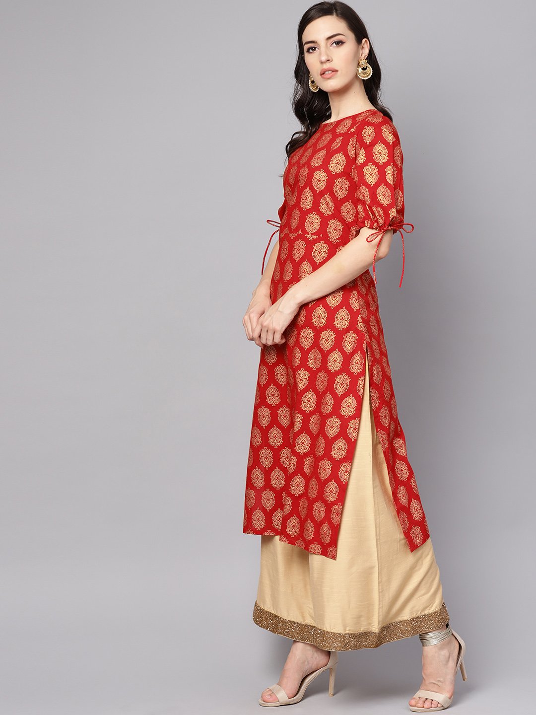 Red printed half sleeve cotton straight kurta | NOZ2TOZ - Made In INDIA.