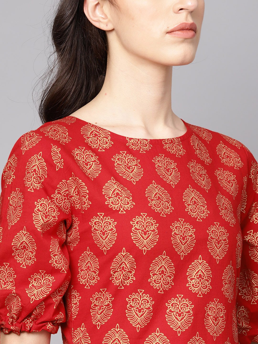 Red printed half sleeve cotton straight kurta | NOZ2TOZ - Made In INDIA.