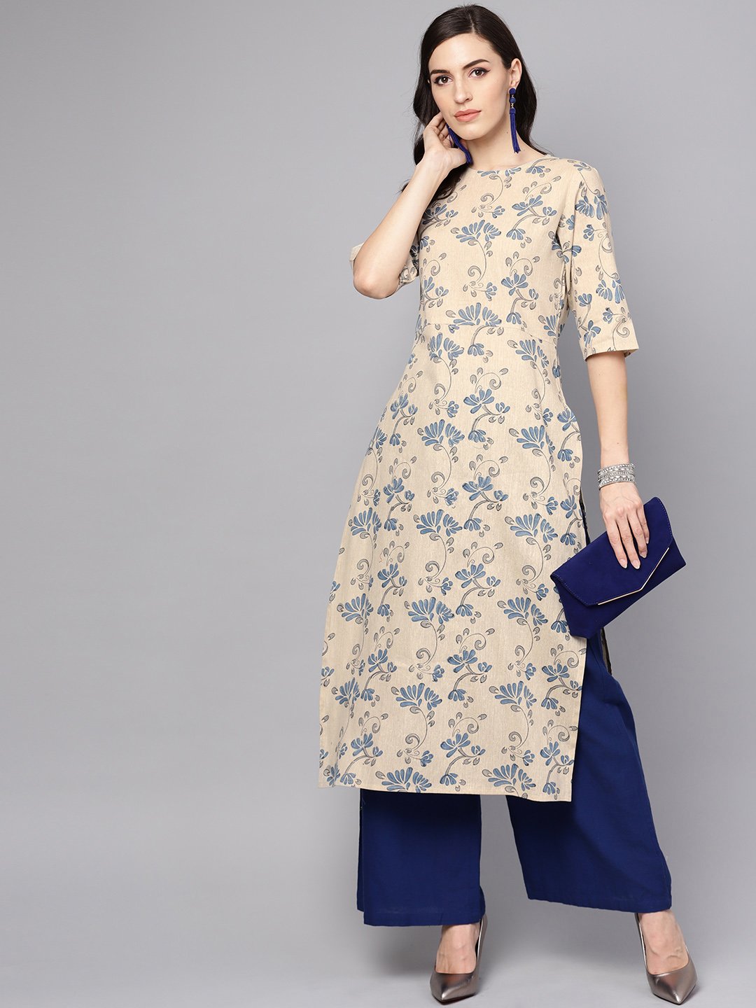 Grey & Blue printed half sleeve cotton kurta | NOZ2TOZ - Made In INDIA.