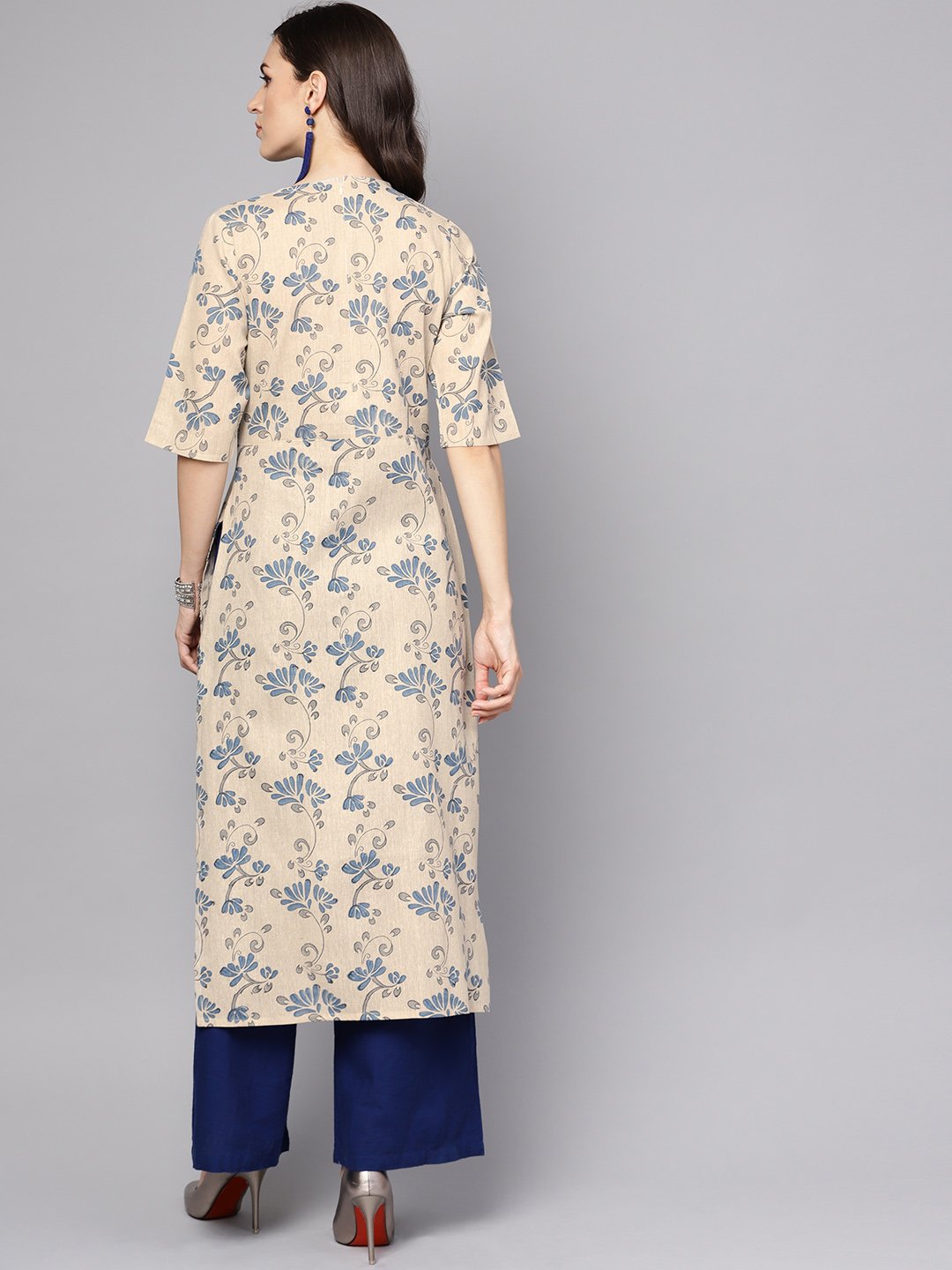 Grey & Blue printed half sleeve cotton kurta | NOZ2TOZ - Made In INDIA.