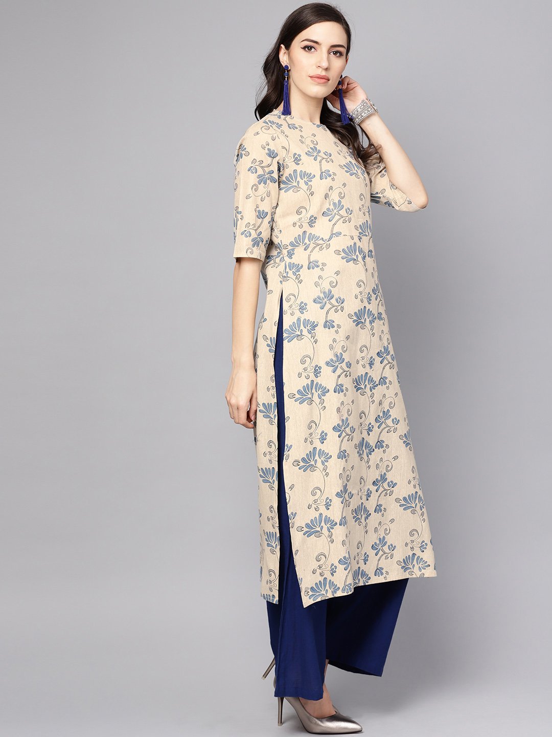 Grey & Blue printed half sleeve cotton kurta | NOZ2TOZ - Made In INDIA.