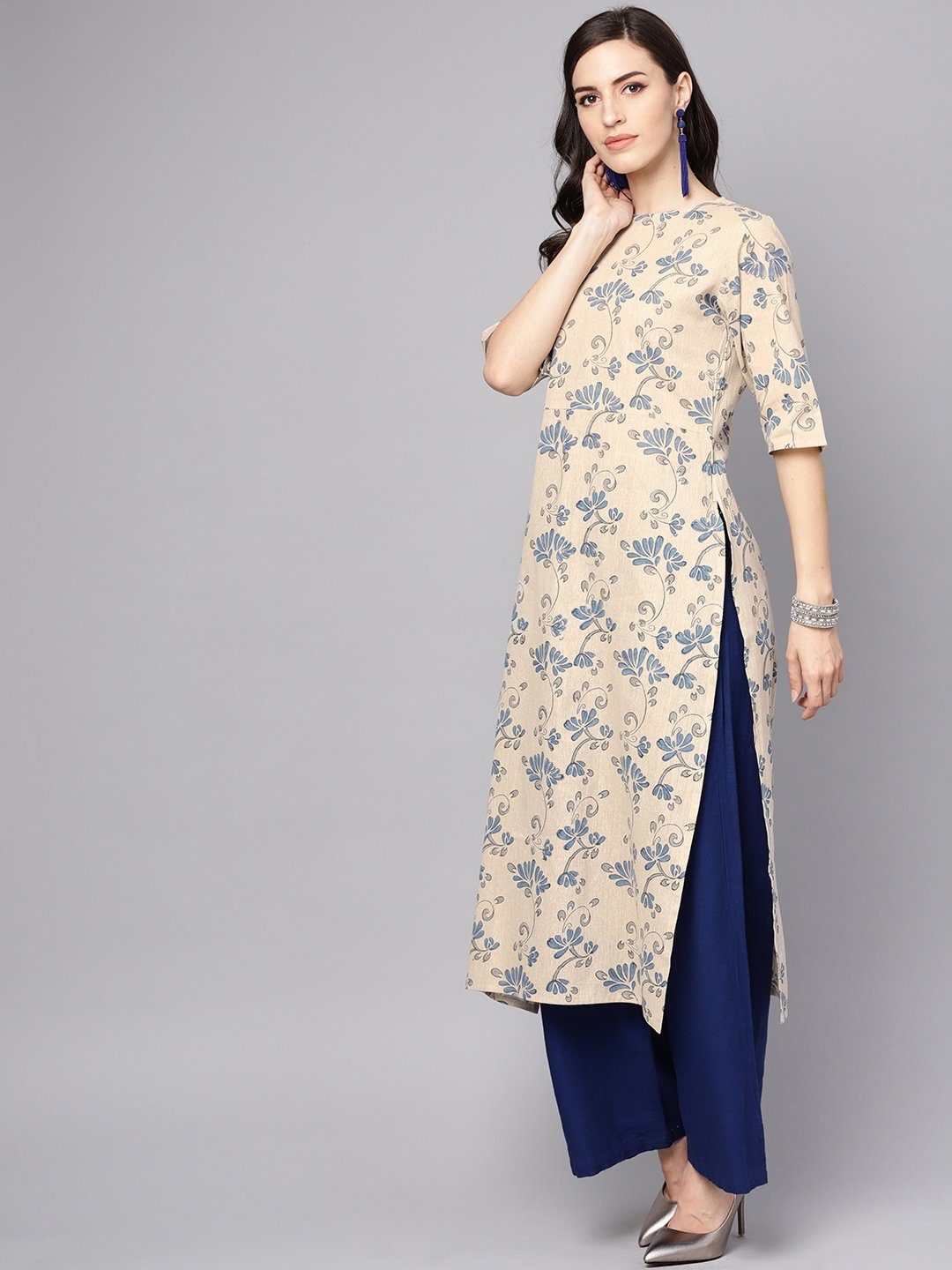 Grey & Blue printed half sleeve cotton kurta | NOZ2TOZ - Made In INDIA.