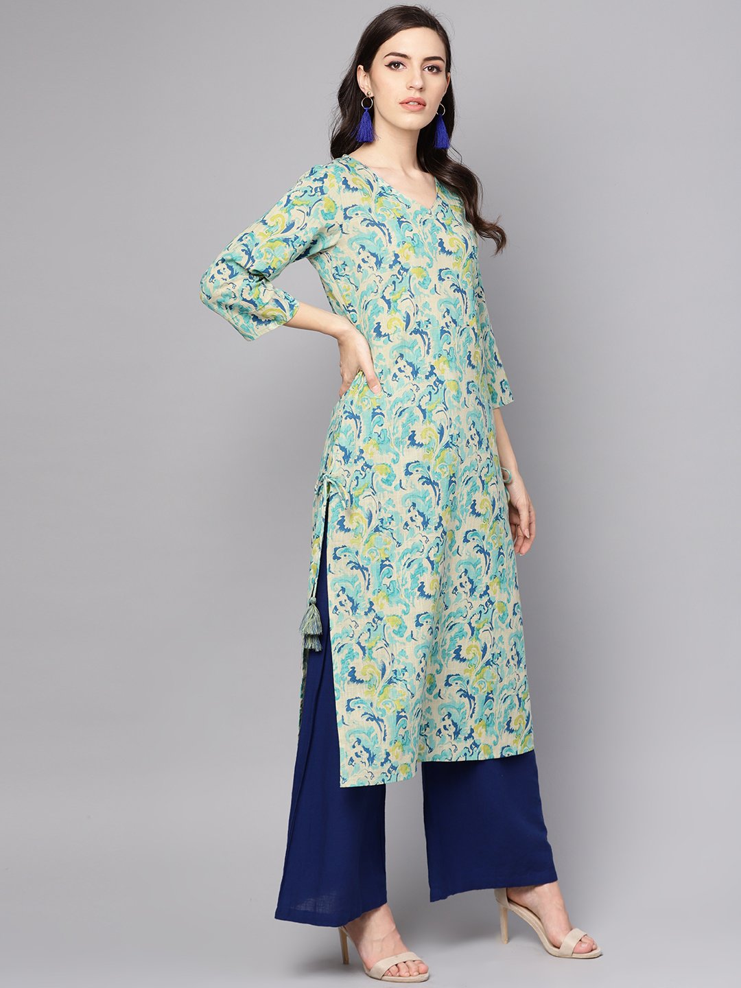 Green printed 3/4th sleeve cotton printed kurta | NOZ2TOZ - Made In INDIA.