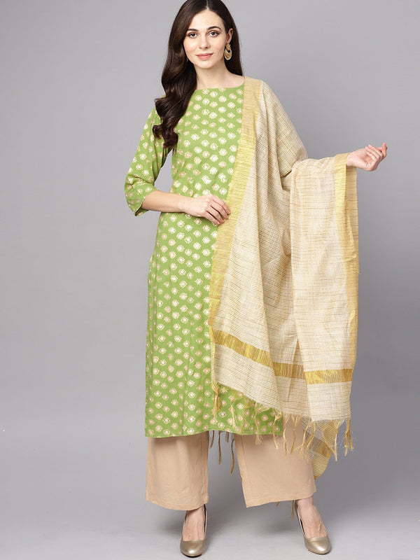 Green 3/4th sleeve rayon kurta With beige palazzo and dupatta | NOZ2TOZ - Made In INDIA.