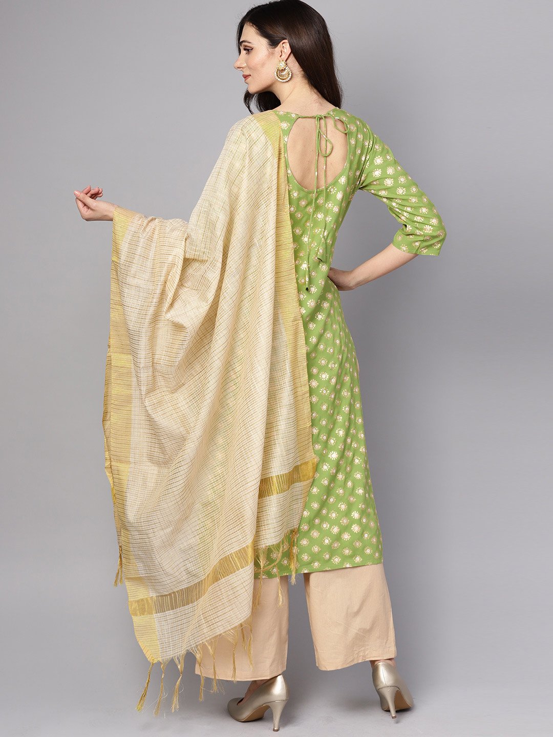 Green 3/4th sleeve rayon kurta With beige palazzo and dupatta | NOZ2TOZ - Made In INDIA.