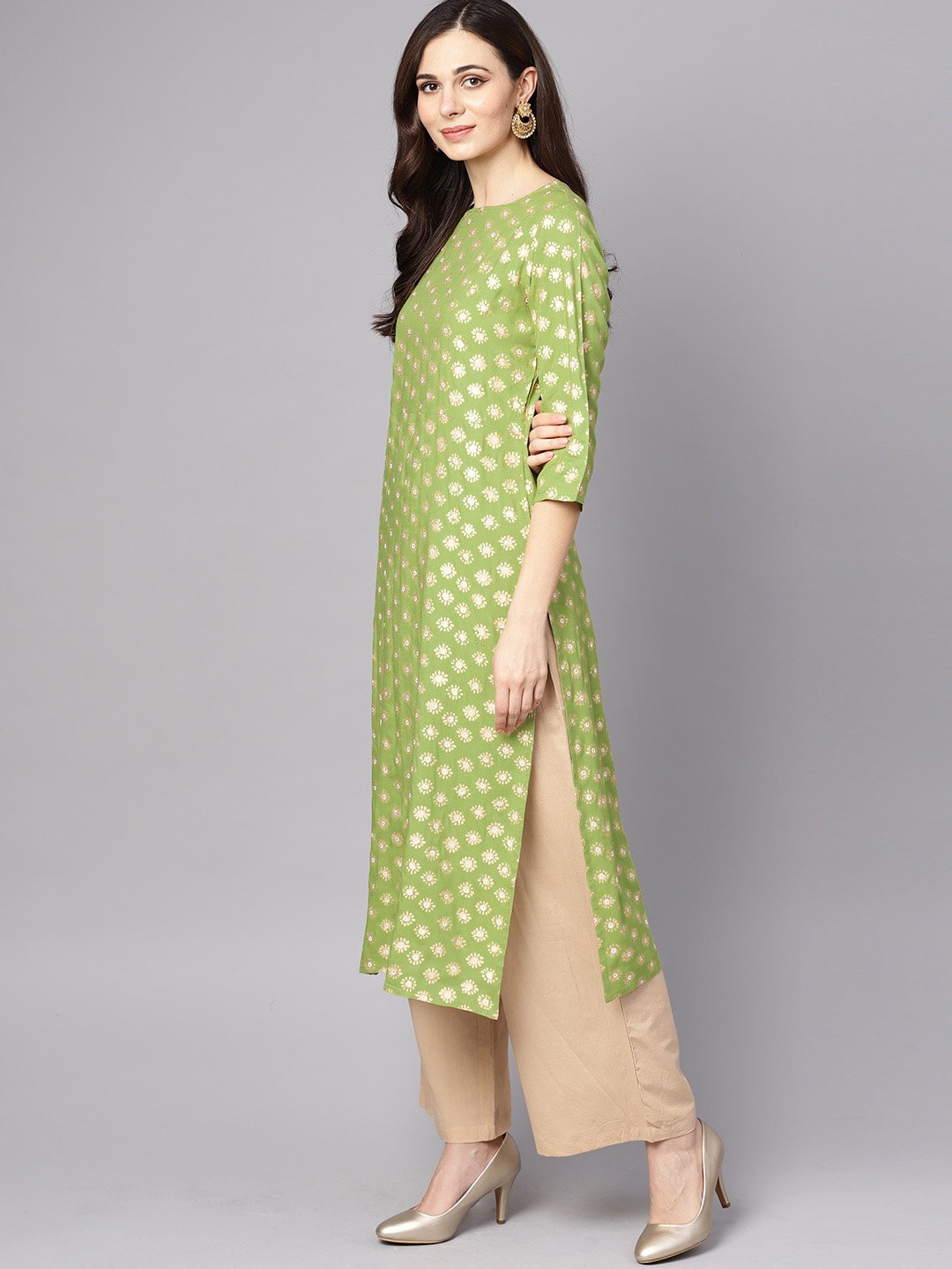 Green 3/4th sleeve rayon kurta With beige palazzo and dupatta | NOZ2TOZ - Made In INDIA.