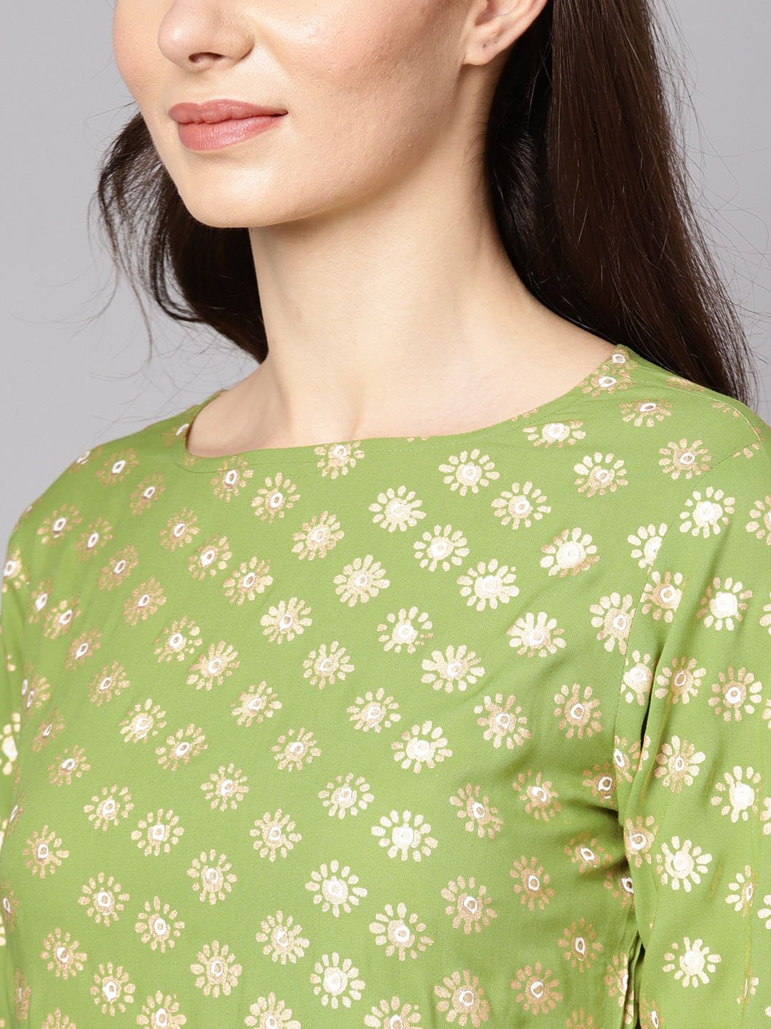 Green 3/4th sleeve rayon kurta With beige palazzo and dupatta | NOZ2TOZ - Made In INDIA.